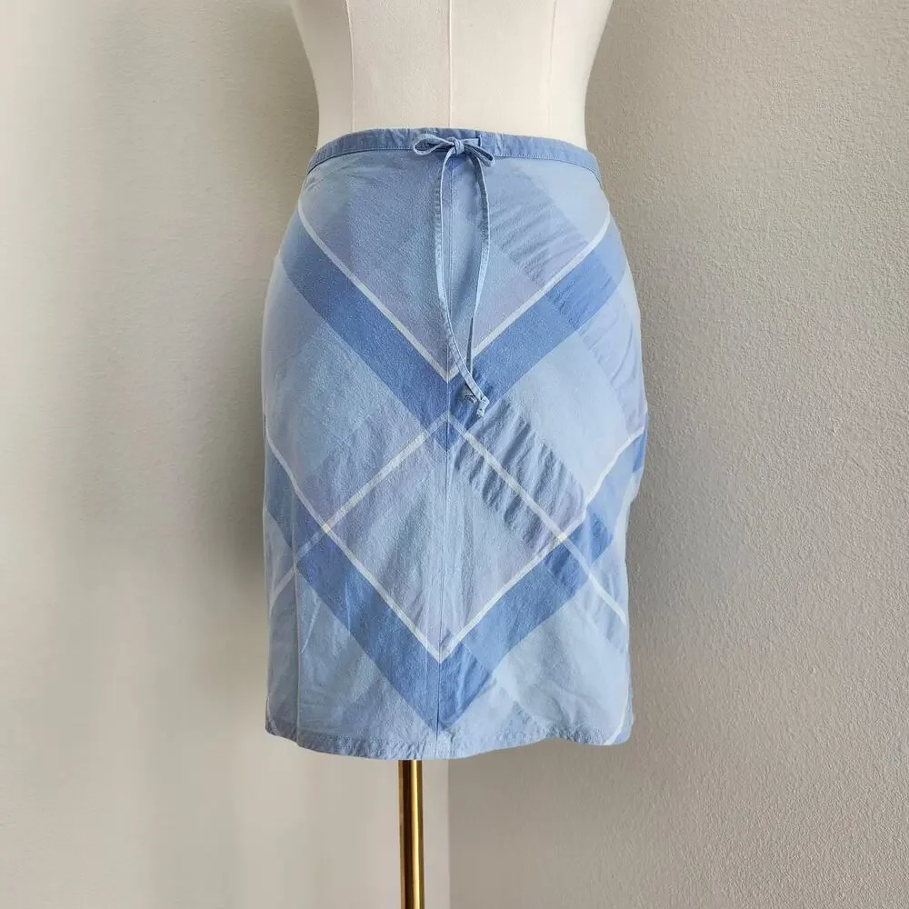 Y2K SO Cotton Blue White Diagonal Plaid Mini Skirt Fitted Stretchy Women's M L
